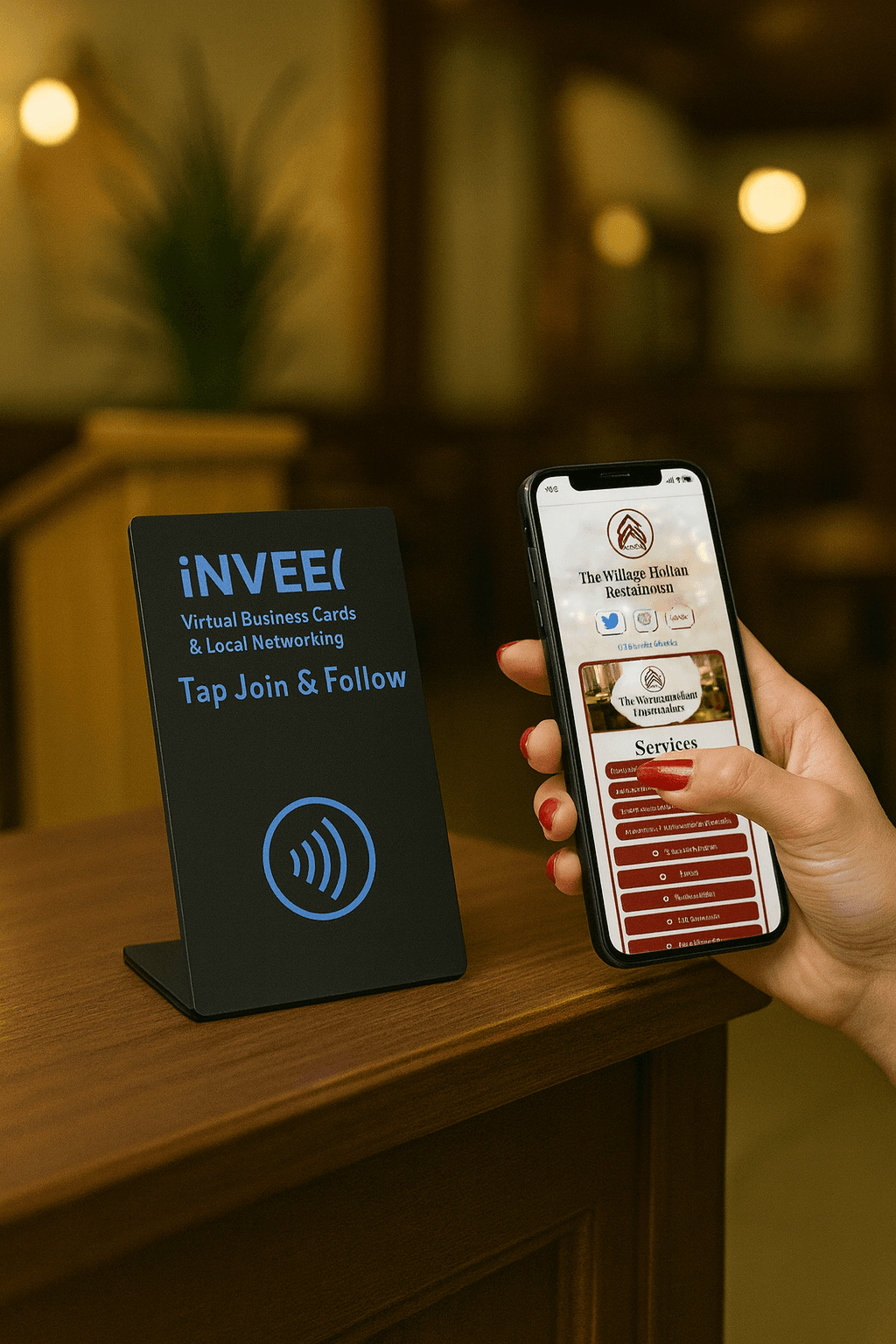 Customer tapping iNVEEY Business Stand with smartphone - showing instant connection