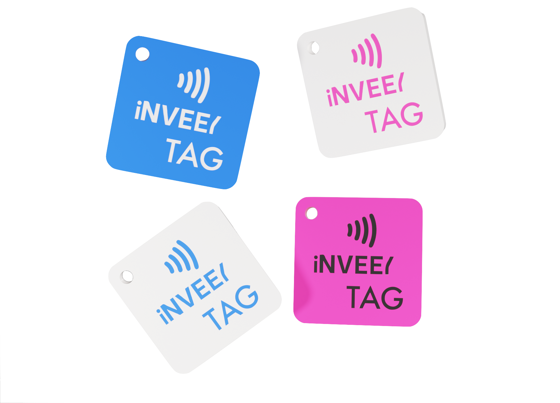 iNVEEY Tag Collection - Four colorful NFC tags in blue, white, and pink
